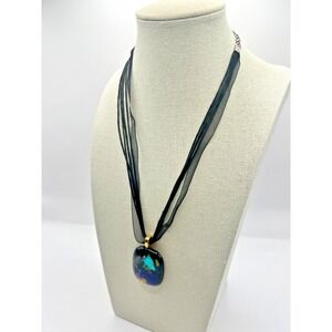 Artisan Dichroic Glass Pendant‎ Necklace Black Organza Ribbon Modern Statement